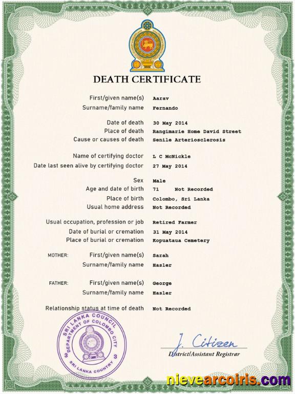Sri Lanka vital record death certificate